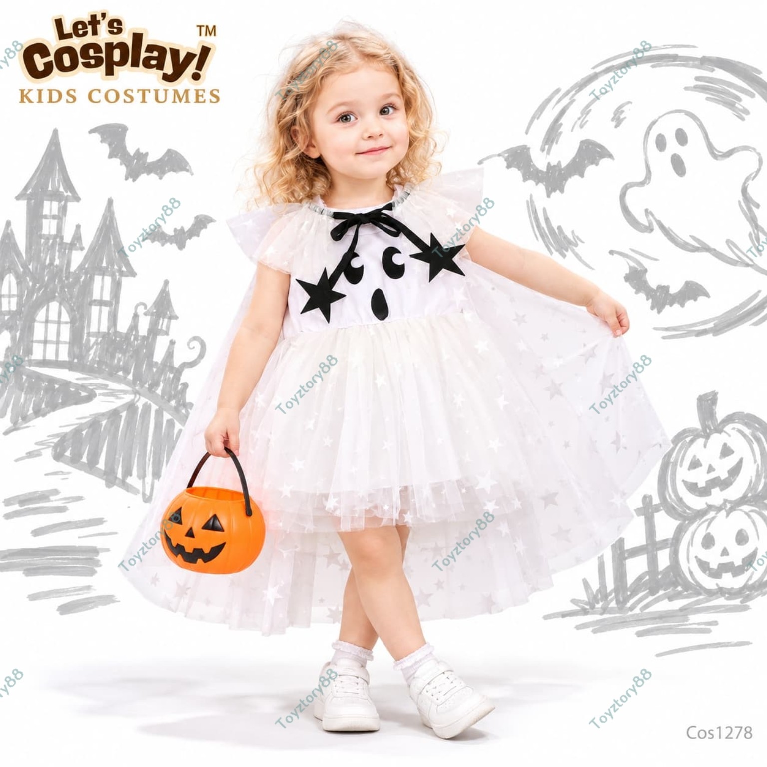兒童白色幽靈萬聖節服裝｜白紗裙披肩多套裝｜12個月至5歲 Halloween Costume COS1278