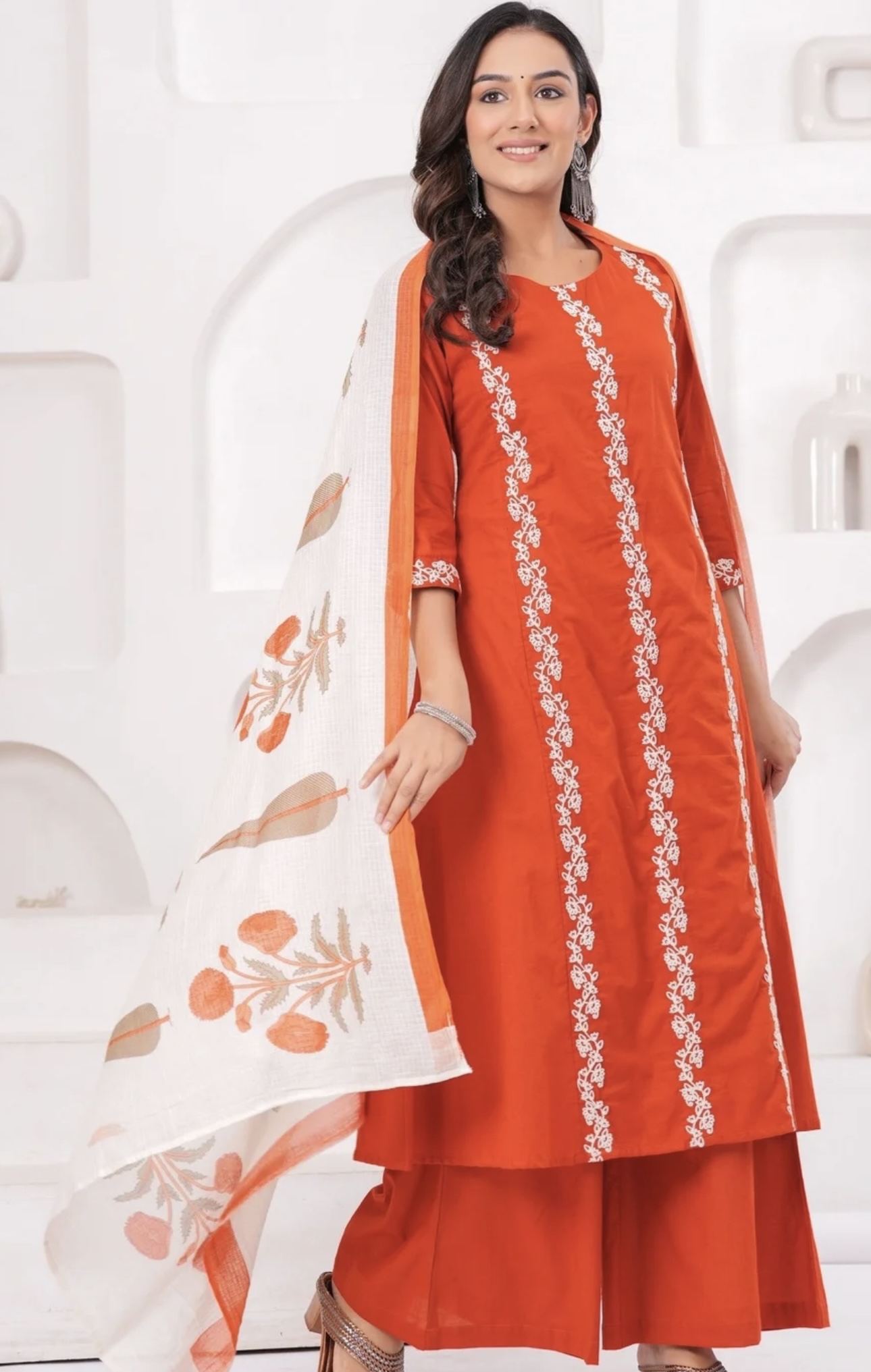 Orange A-Line cotton Kurta set