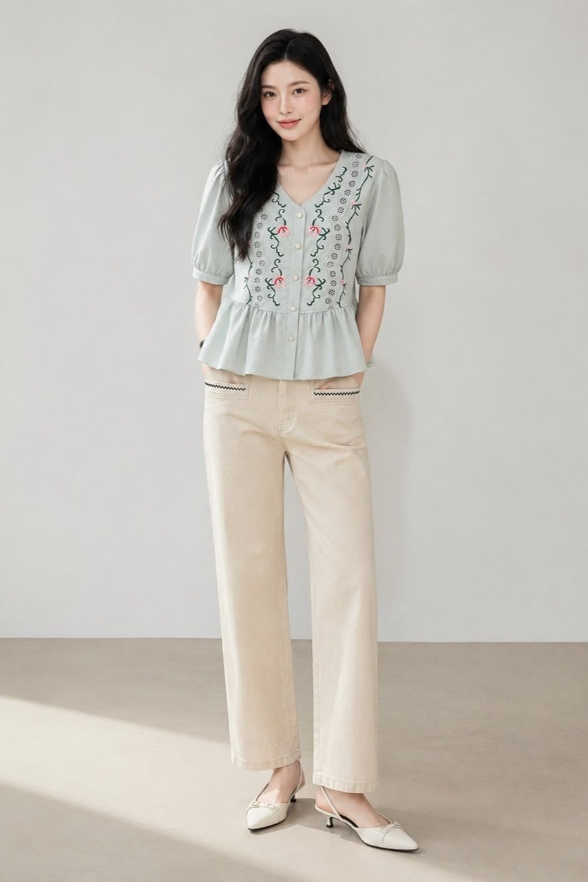 800081 Camellia Embroidered Peplum Top