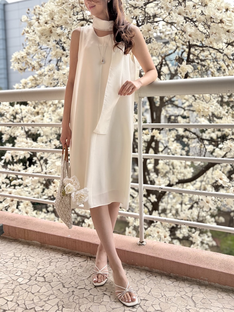 The Flowy Scarf-Detail Dress (Ivory)