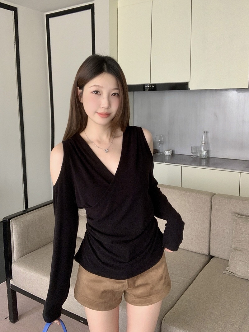 B370(A2759) 法式纯欲风交叉领双边露肩褶皱腰3色上衣