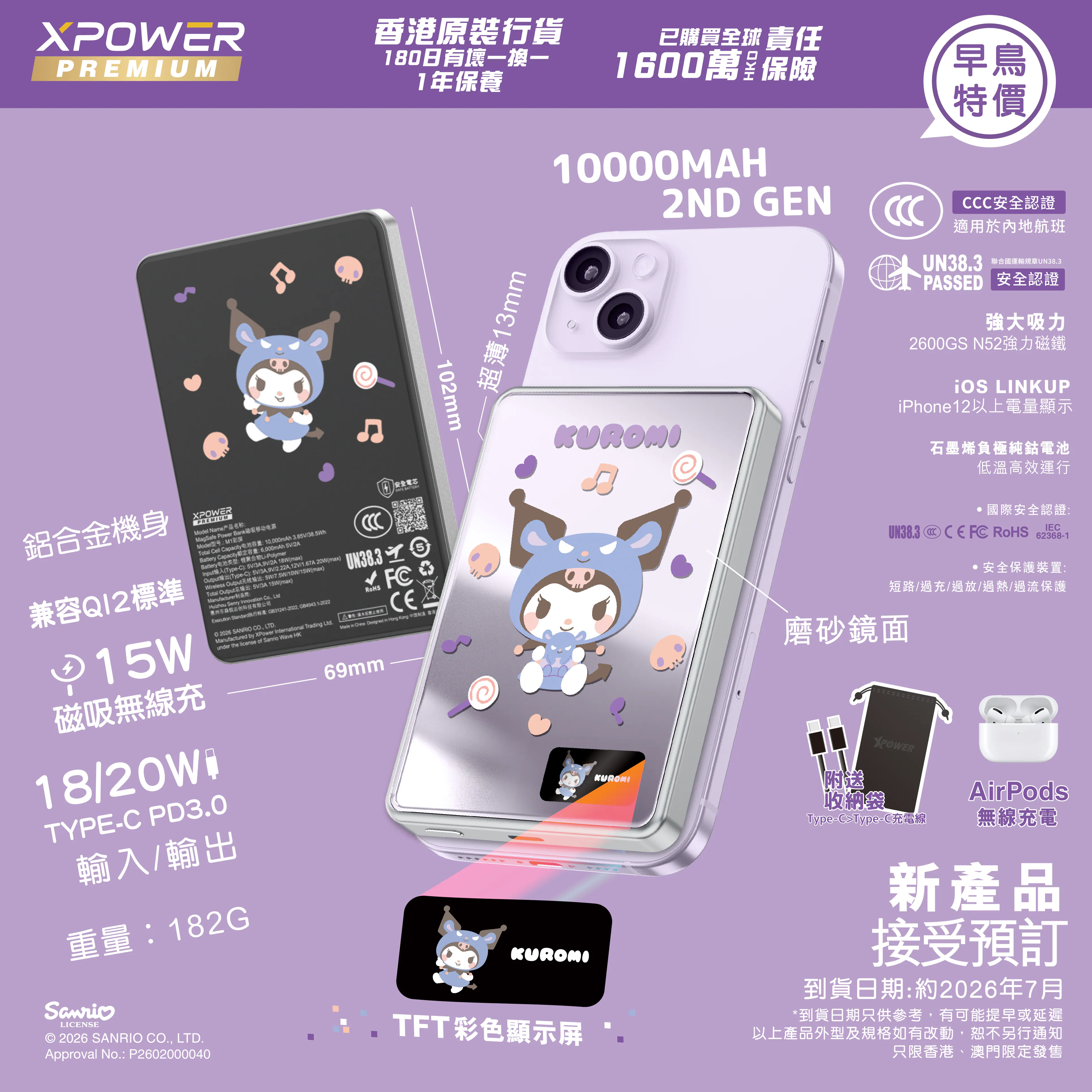 (3C可追溯二維碼)XPower x Sanrio Cinnamoroll / Kuromi / Hangyodon / My Melody / Hello Kitty Sanrio MagDiaita2 (MDT2) 第二代彩屏顯示鋁合金 10000mAh 磁吸行動電源