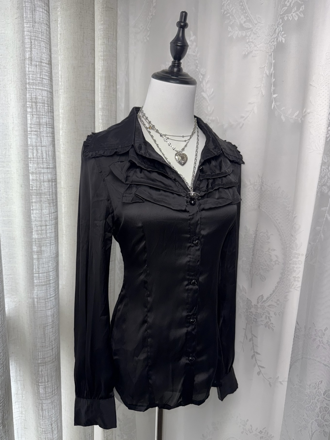 Vampire Style Tiered Ruffle Satin Button-Up Shirt