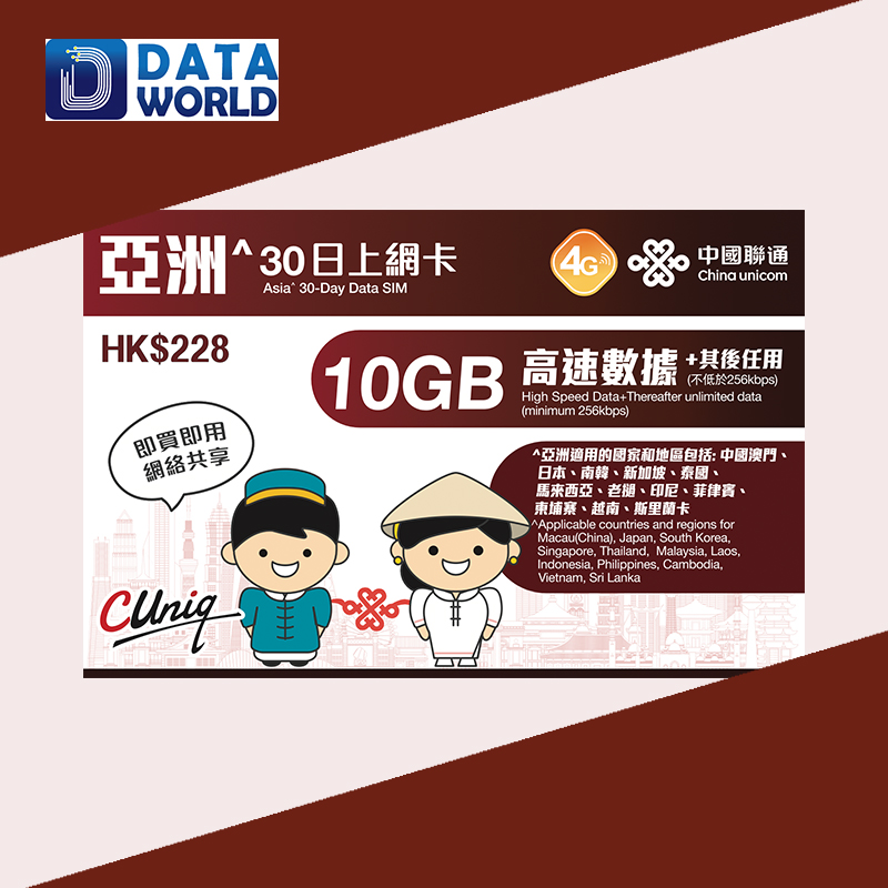 中國聯通 4G $228 亞洲30日上網卡