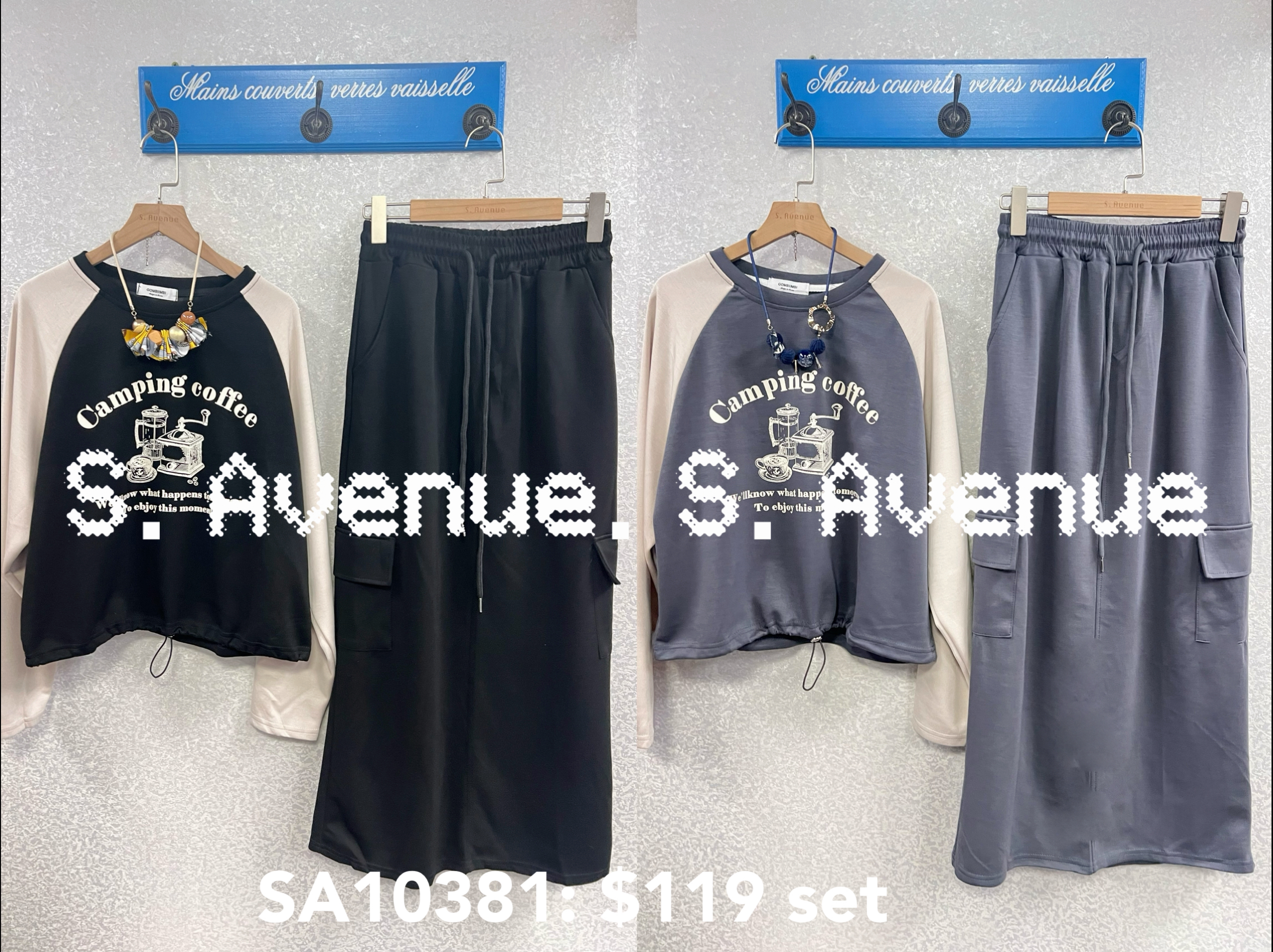 SA10381: 長袖牛骨膊印花束腳tee配側軍袋直身長裙套裝