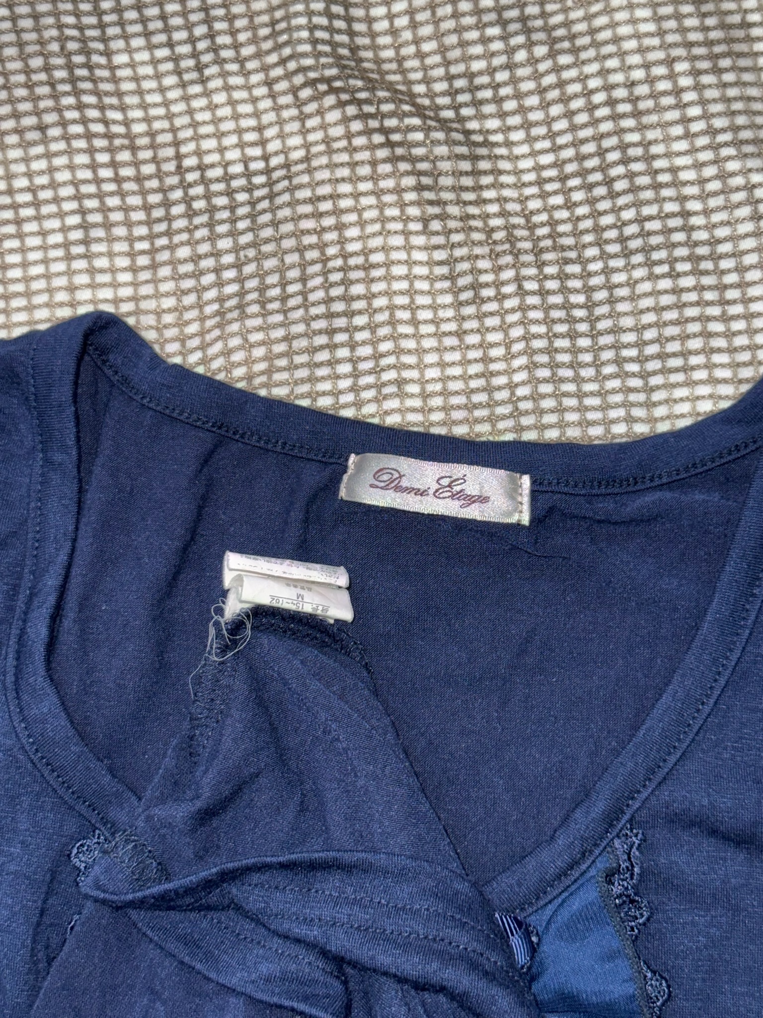 Navy Bow-Neck Ruffled Ribbed Top