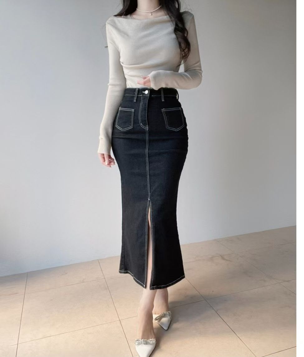 ♥︎復古車線開衩Denim Mermaid Dress