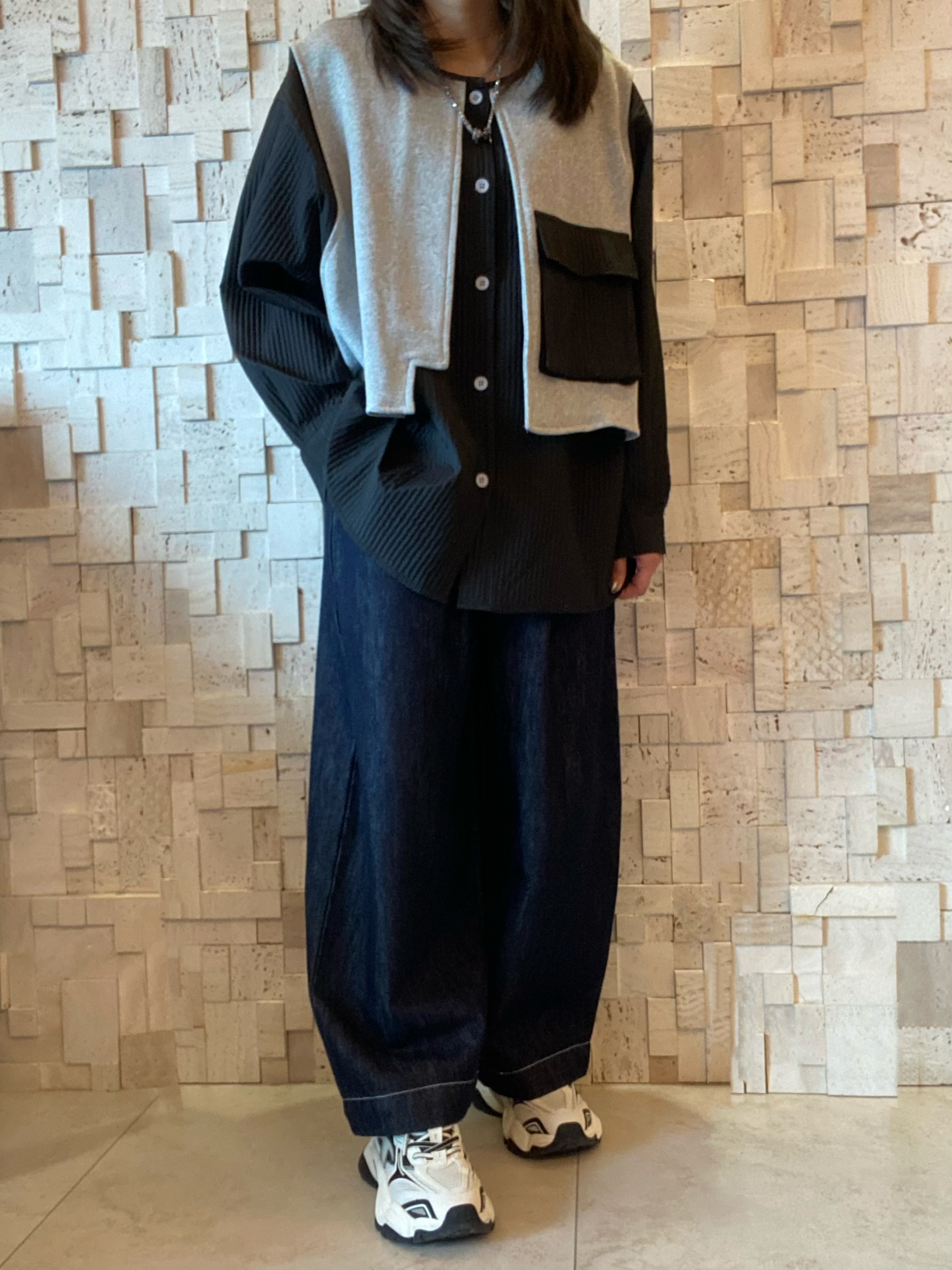 #2069 闊身假兩件長Top