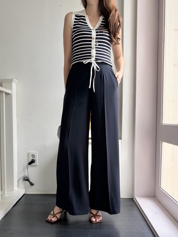 [超涼!!] Contrast Belt Wide Leg Slacks (Navy)