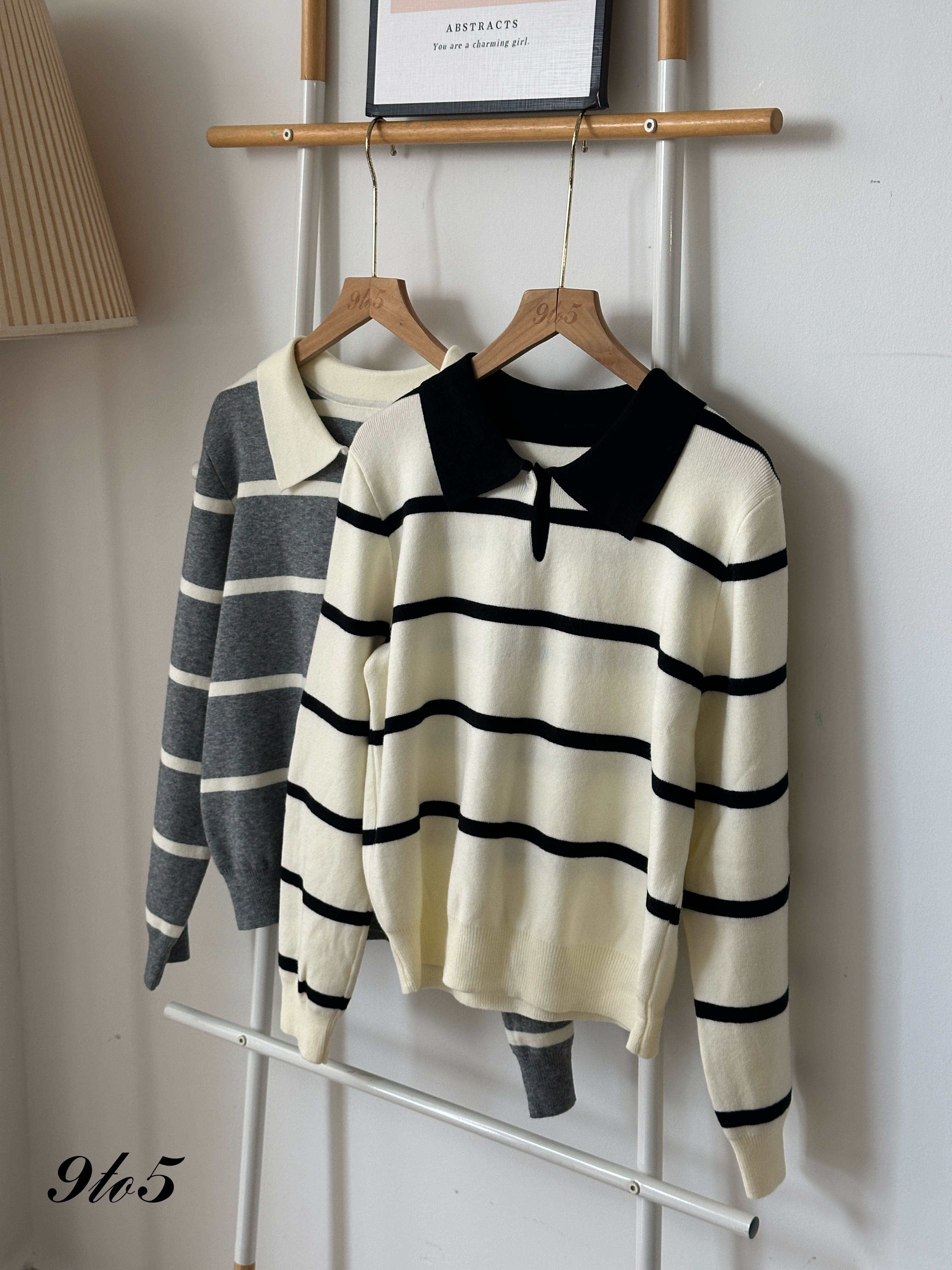 T4006 Striped Knit Polo Shirt - Black & Grey