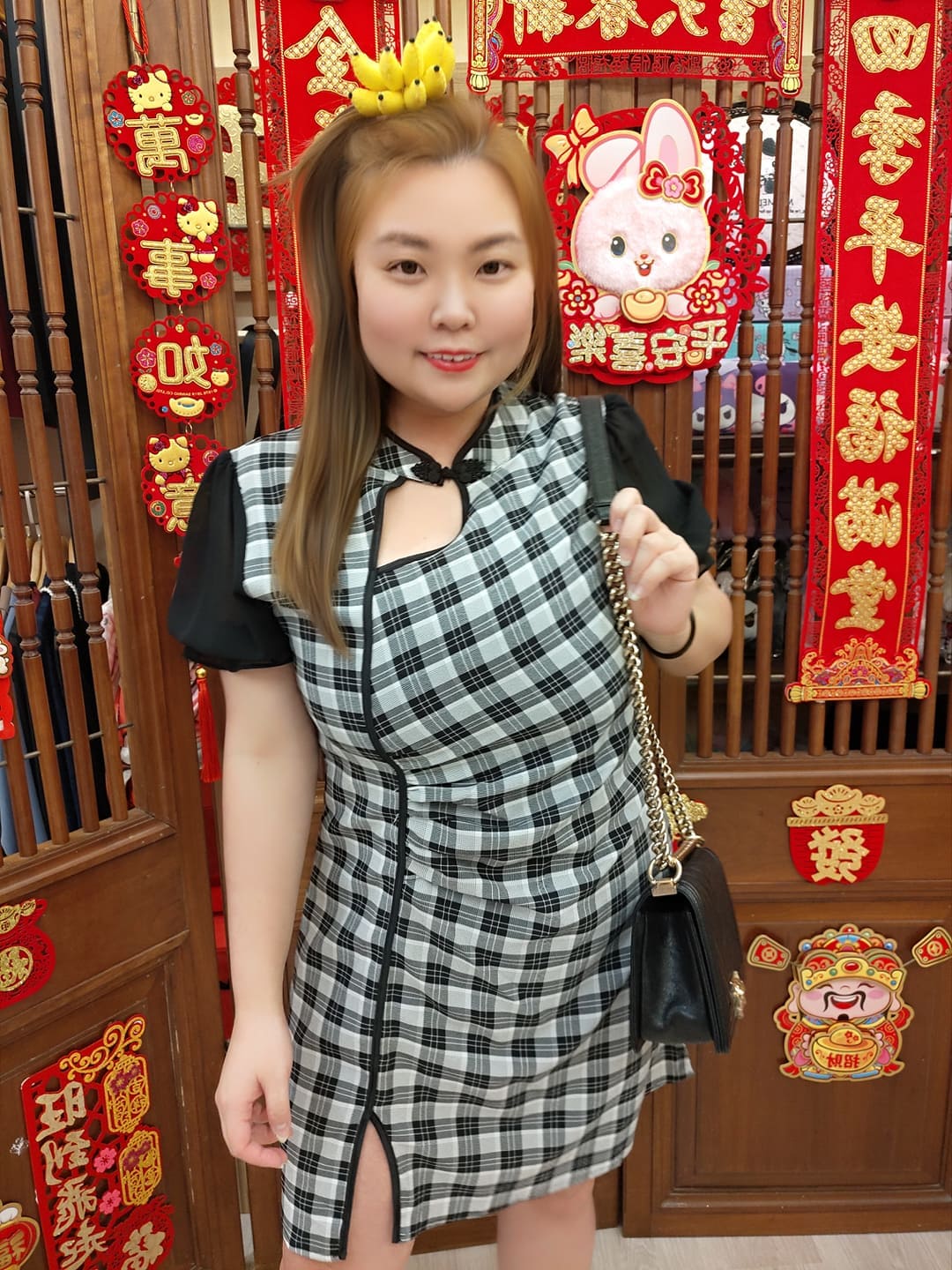 TW#3052  改良版格子设计款旗袍连身裙