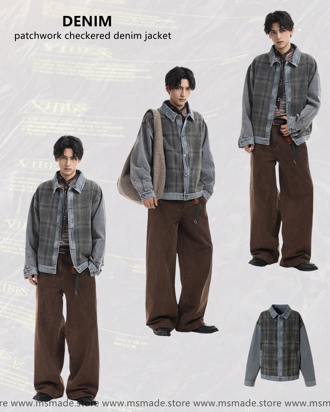 M2622格紋拼接水洗牛仔外套