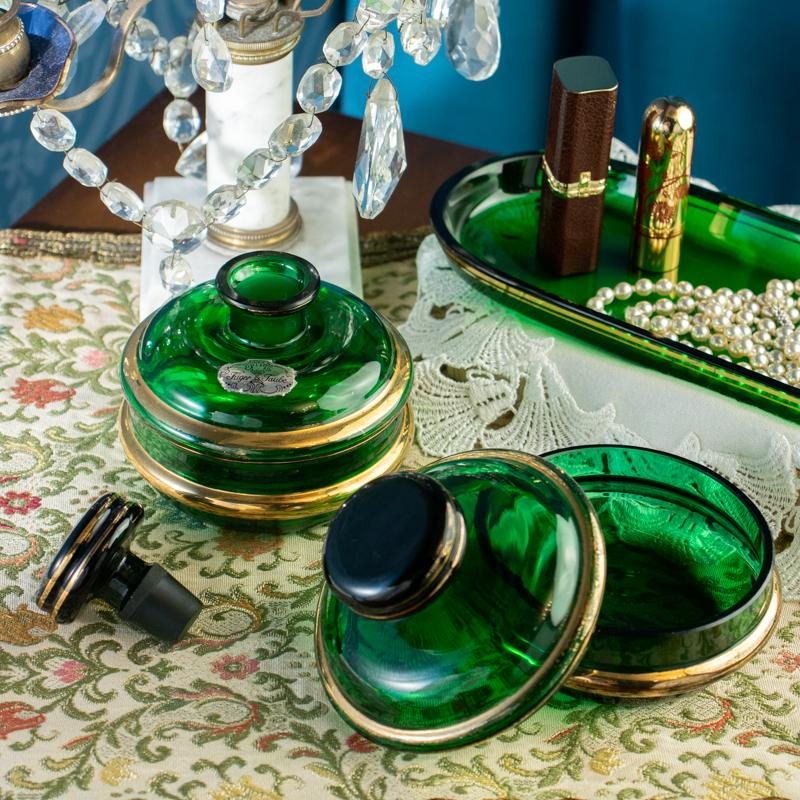 Vintage German Füger Taube 1947-1954 Art Deco Style Green Glass Dressing Table Set - Tray, Powder Box & Perfume Bottle (MX006)