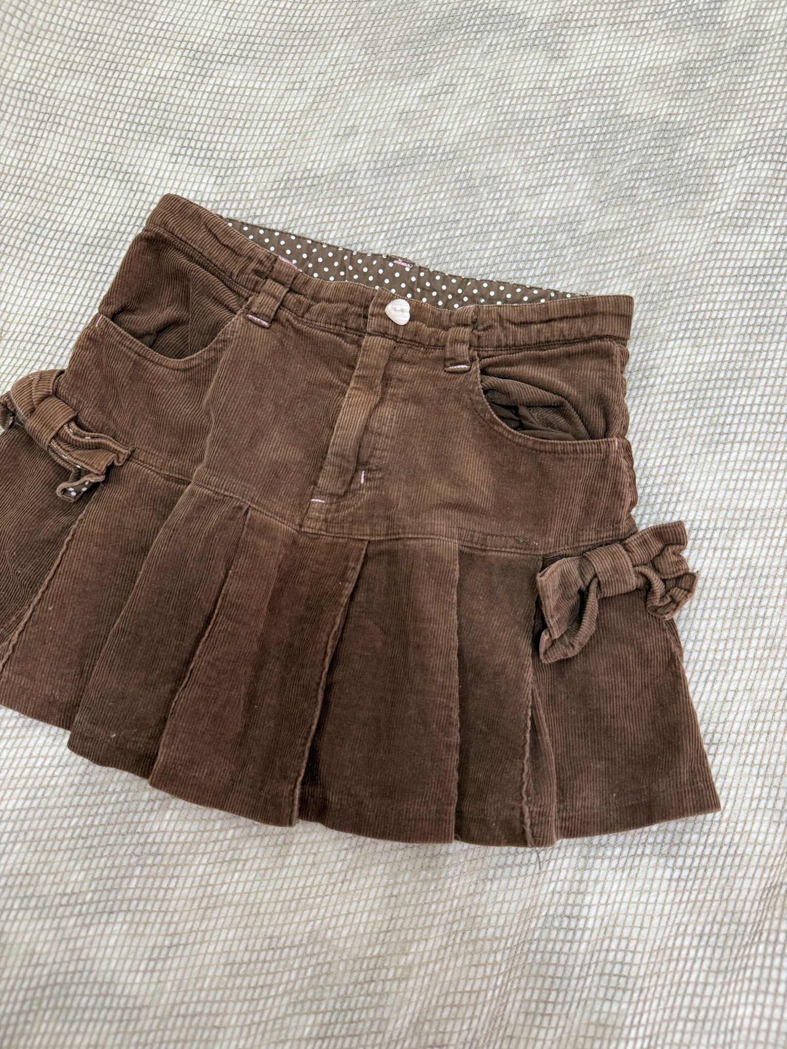 Brown Corduroy Pleated Mini Skirt with Side Bows and Polka Dot Lining