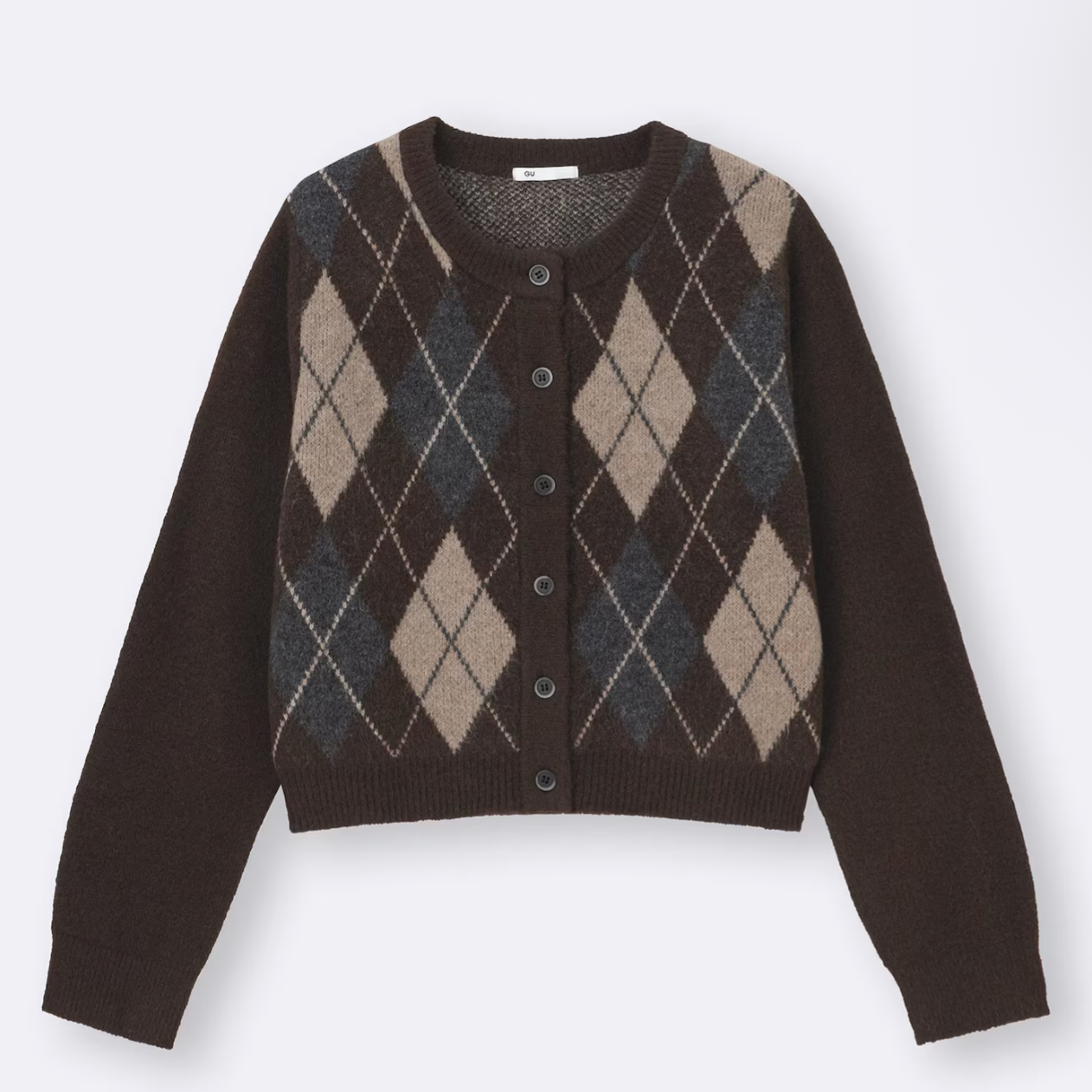 GU Puff Knit Argyle Crew Neck Cardigan
