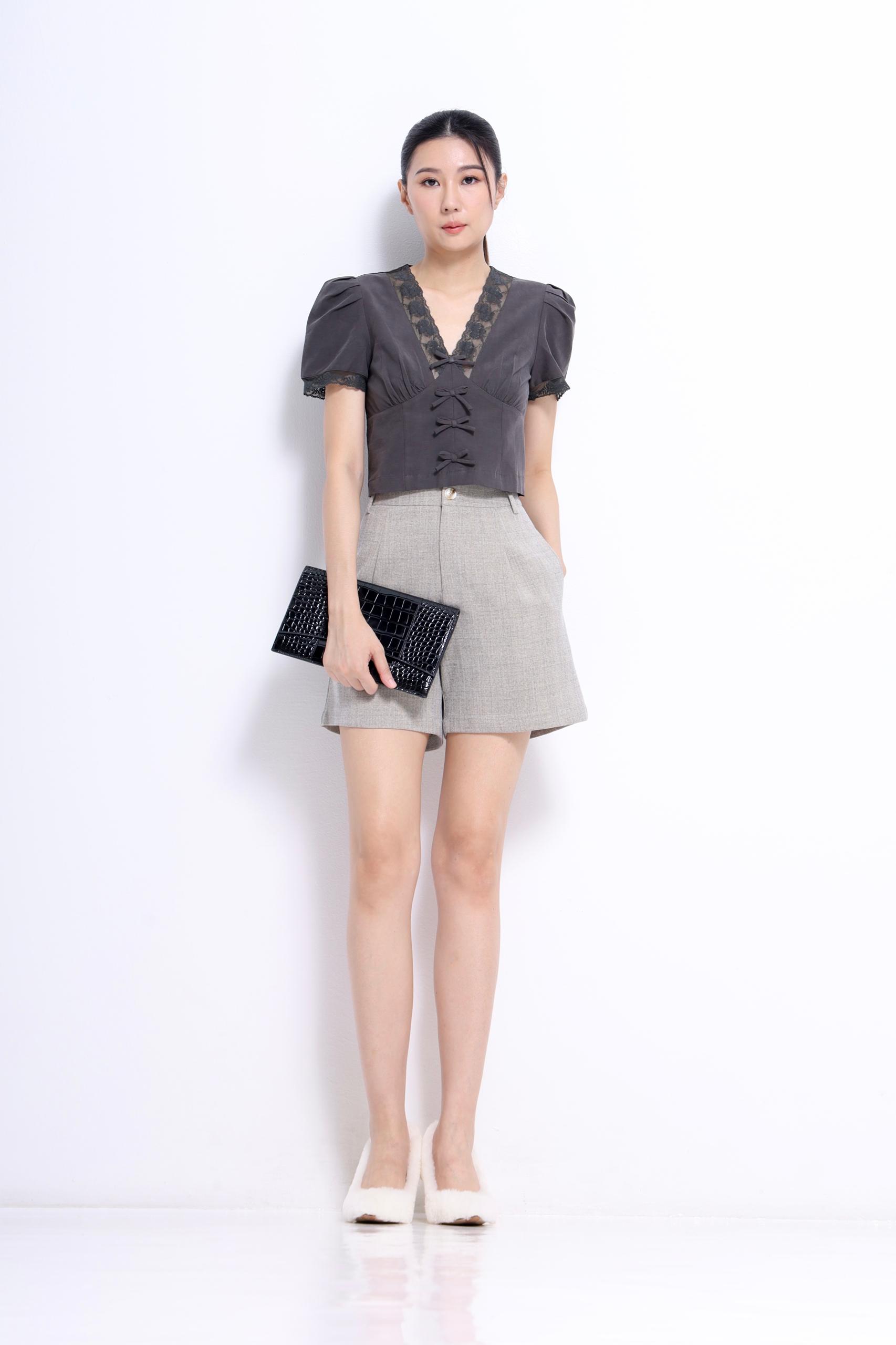 CB2743 French Lace Bow Cropped Blouse