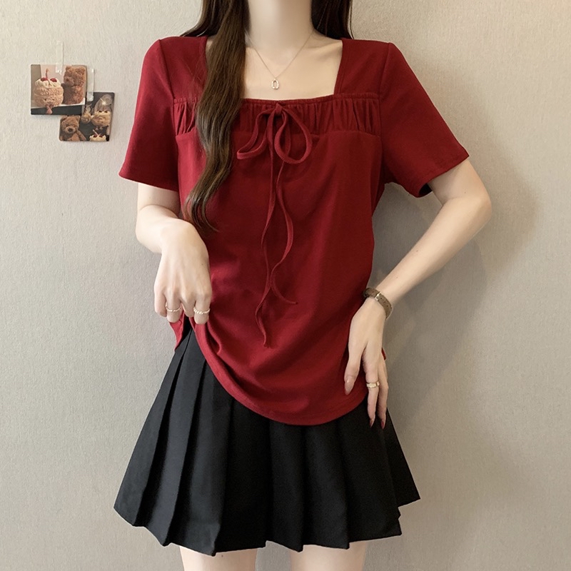 B227(24308) 韩系甜美风方领边褶皱蝴蝶结系带5色上衣