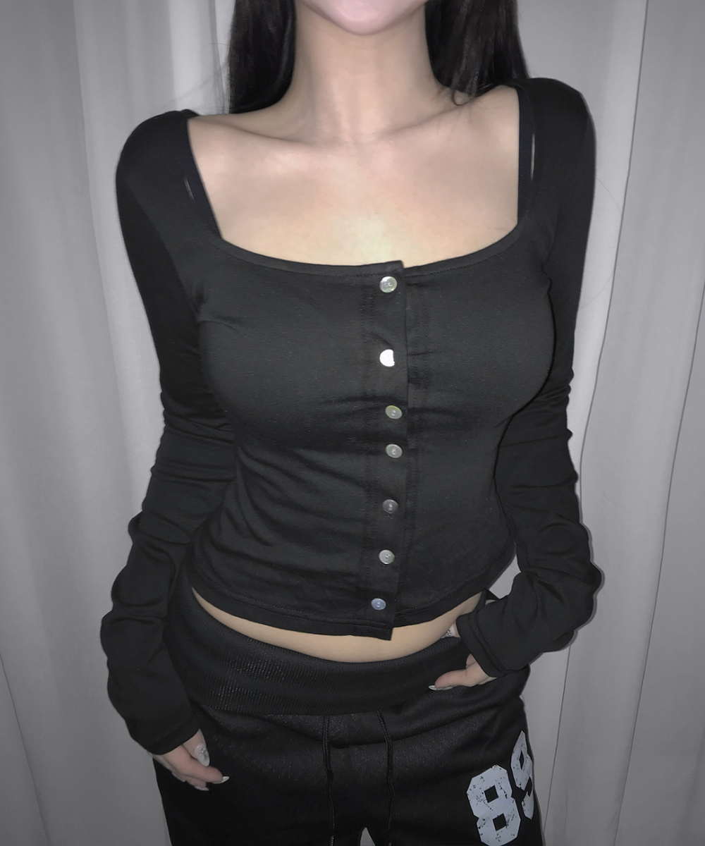 Square Neck Button-Up Long Sleeve Top