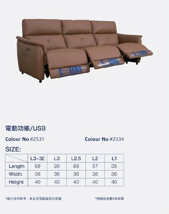 Cheers TFU11116M-L3-3E三座位半真皮梳化(3電較)