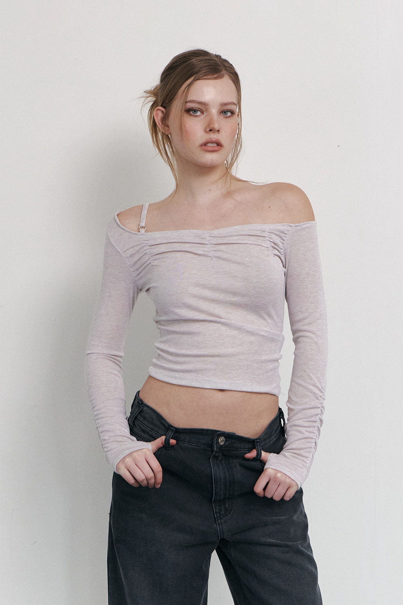 pleaseNOFOLLOW - Halo Unbal Shirring Long Sleeve Top (Dusty Pink)