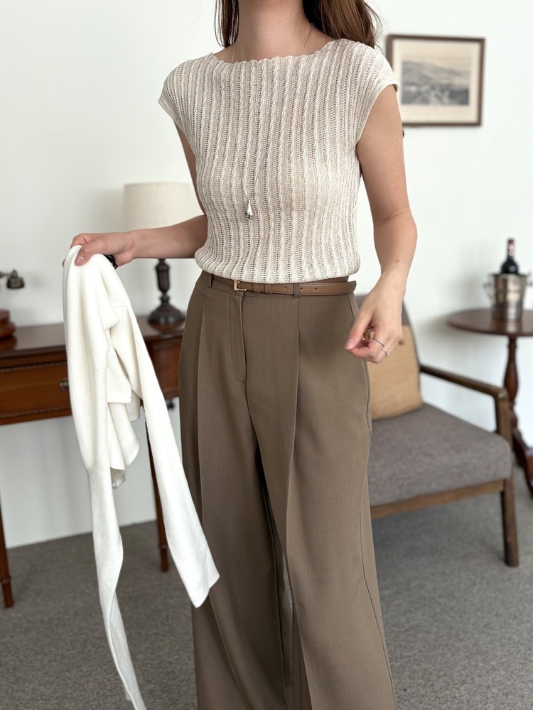 Crochet Boat Neck Knit Top (Oat)