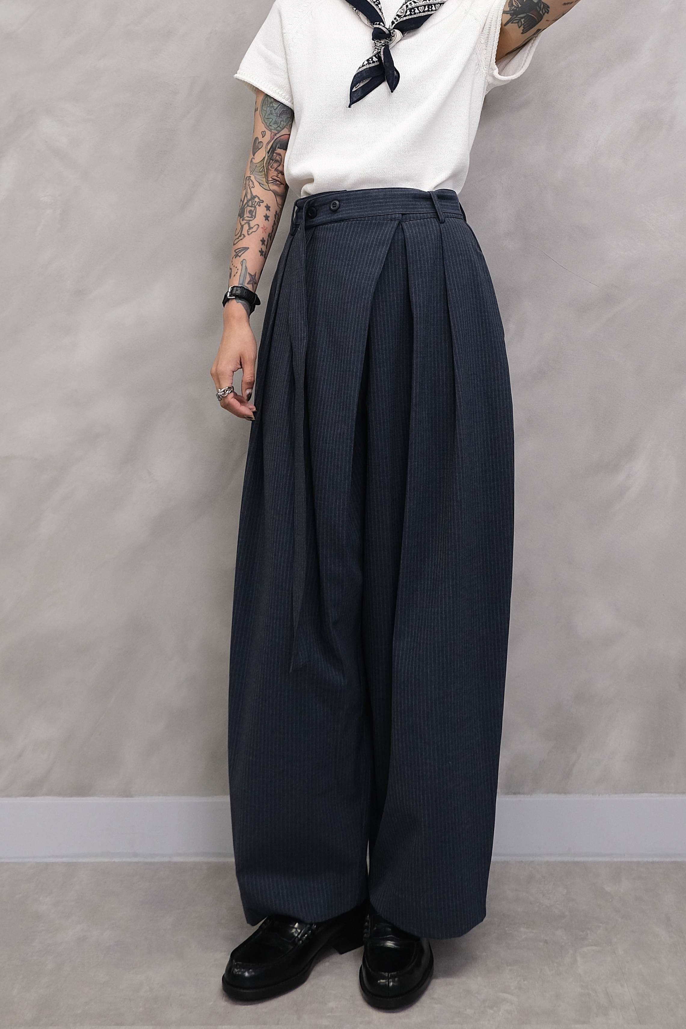 Pinstripe Volume Cross-Waist Trousers #pt82
