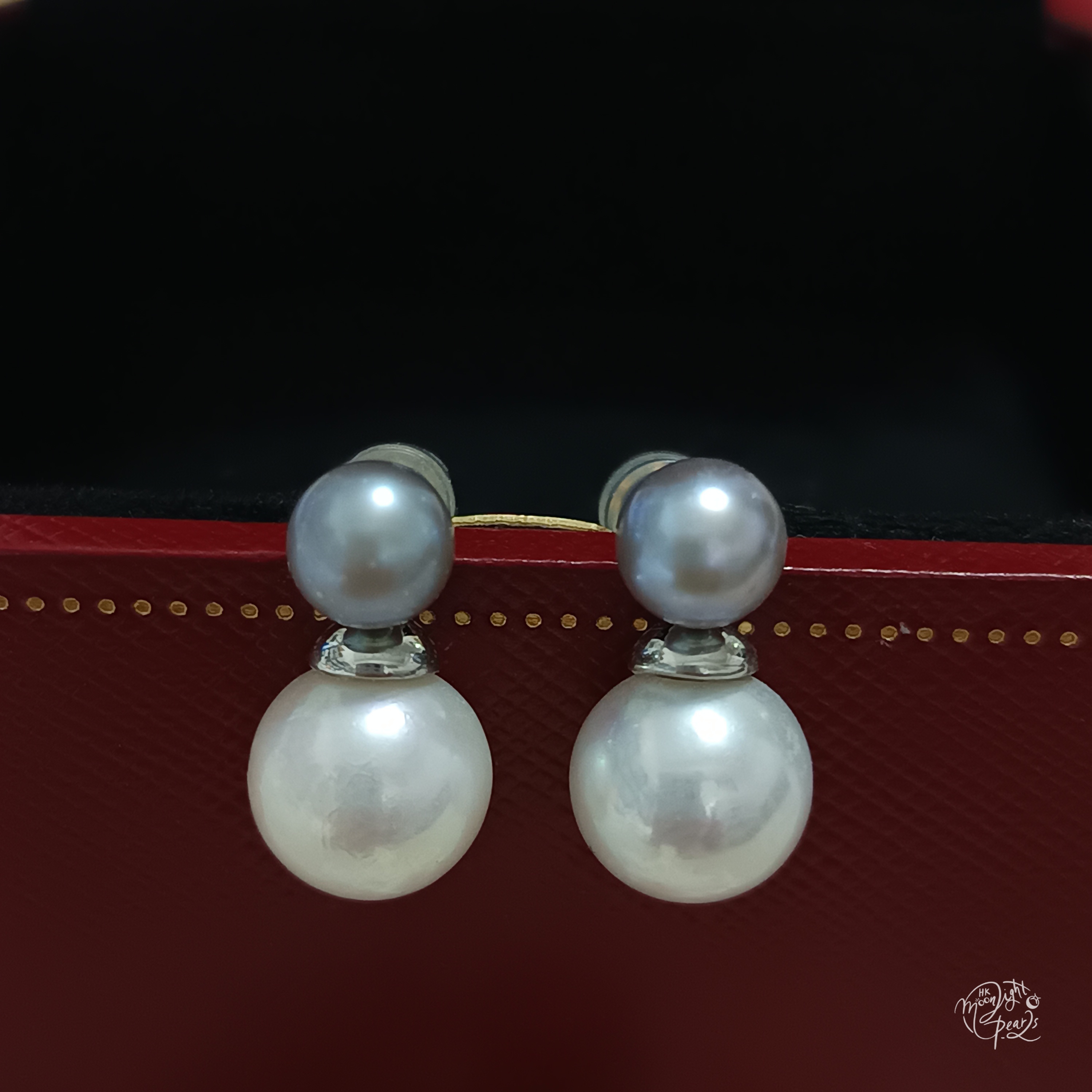 正圓極光愛迪生白珍珠+淡水灰珠精工s925銀雙珠耳釘