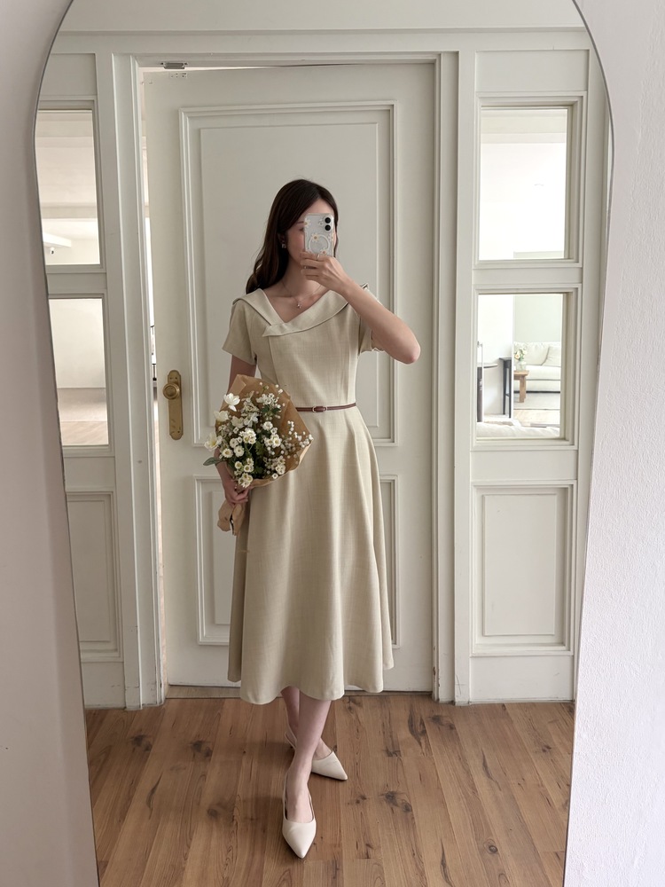 Sailor Collar Belted Dress (Beige)