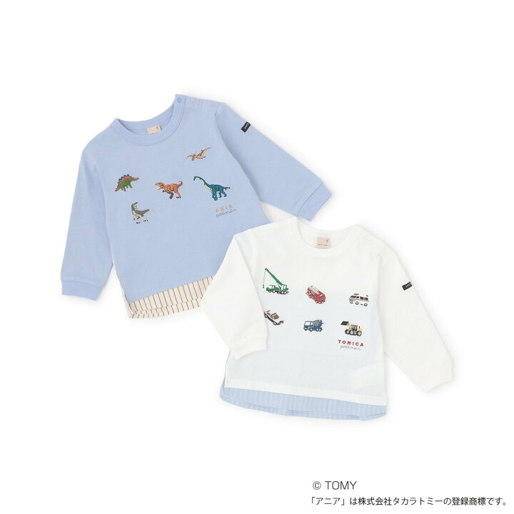 🇯🇵預訂 日本直送🇯🇵Petit Main x Tomica系列兩色恐龍車車印花拼布假兩件長袖T恤