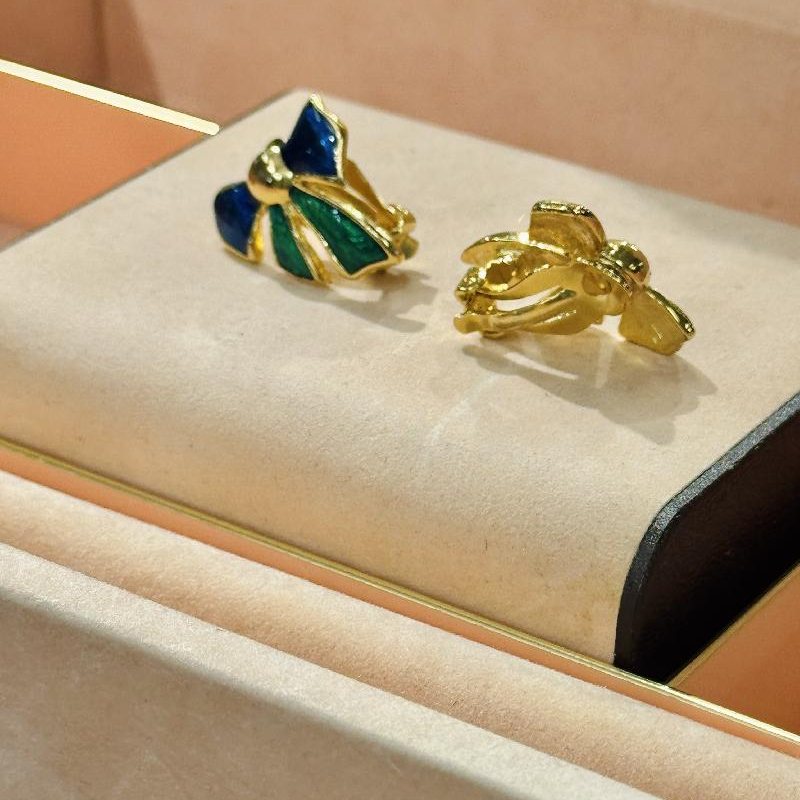 Vintage Enamel Blue and Green Ribbon Bow Clip Earrings from Germany (C042)