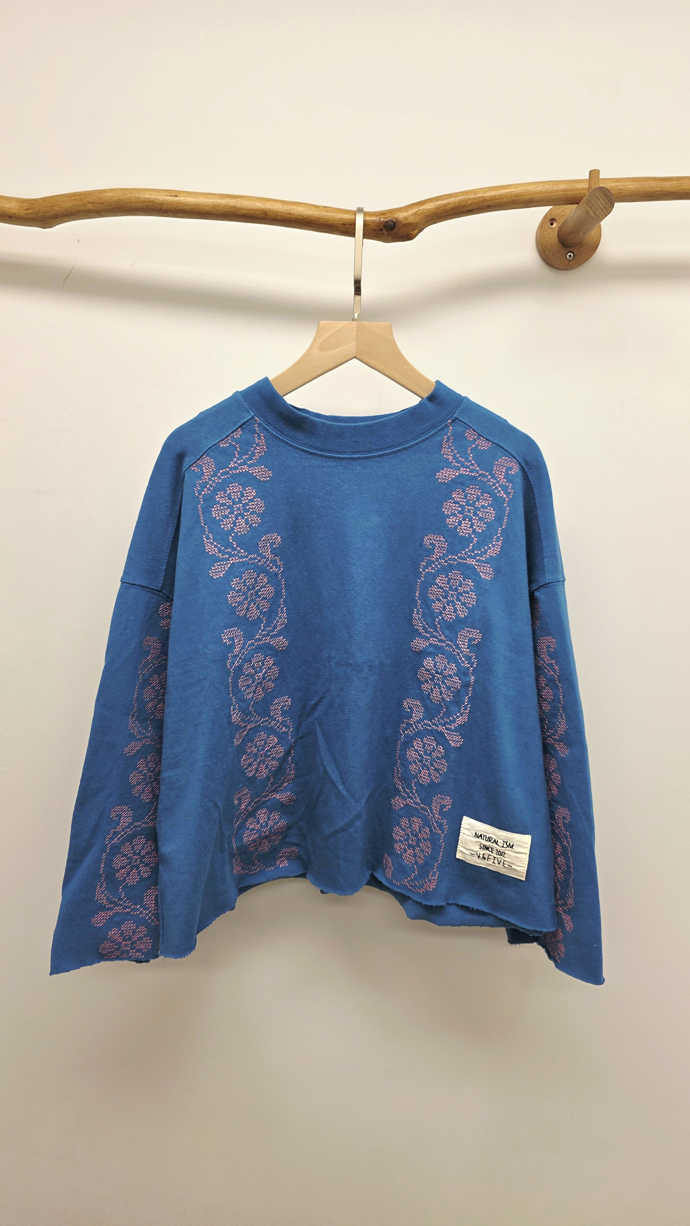 韓國藍色拼十字刺繡花棉Tee