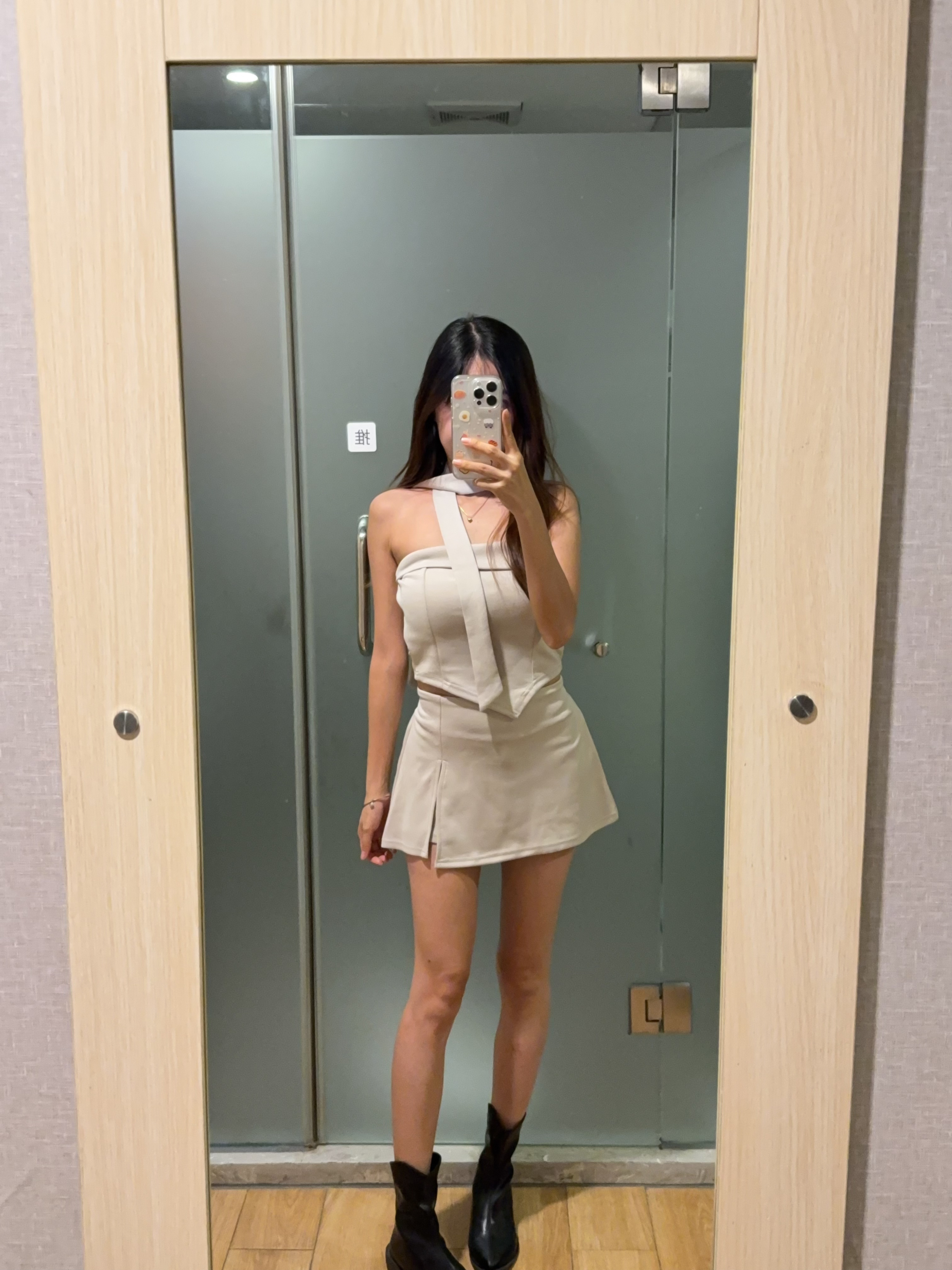 鱼骨抹胸背心+开叉半身短裙两件套（配飘带）R3006