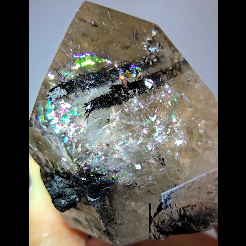 Black tourmaline inclusion smoky quartz with rainbows - RT1457