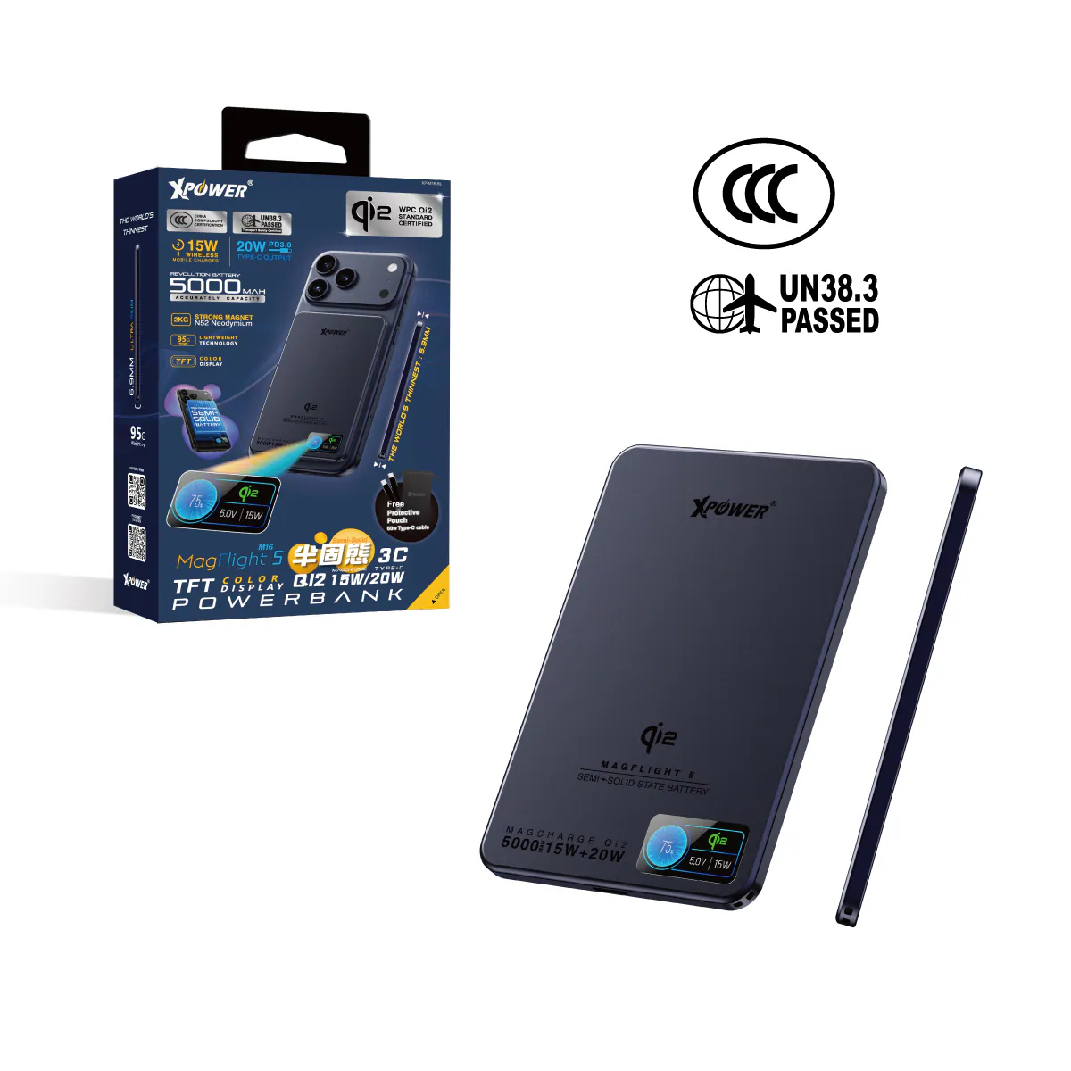 (3C認證) XPower MagFlight5 M16 鋁合金半固態TFT彩屏顯示 QI2 15W/20W 5000mAh 磁吸行動電源