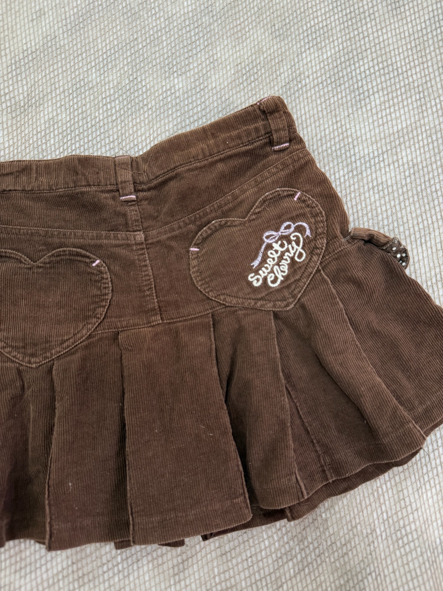 Brown Corduroy Pleated Mini Skirt with Side Bows and Polka Dot Lining