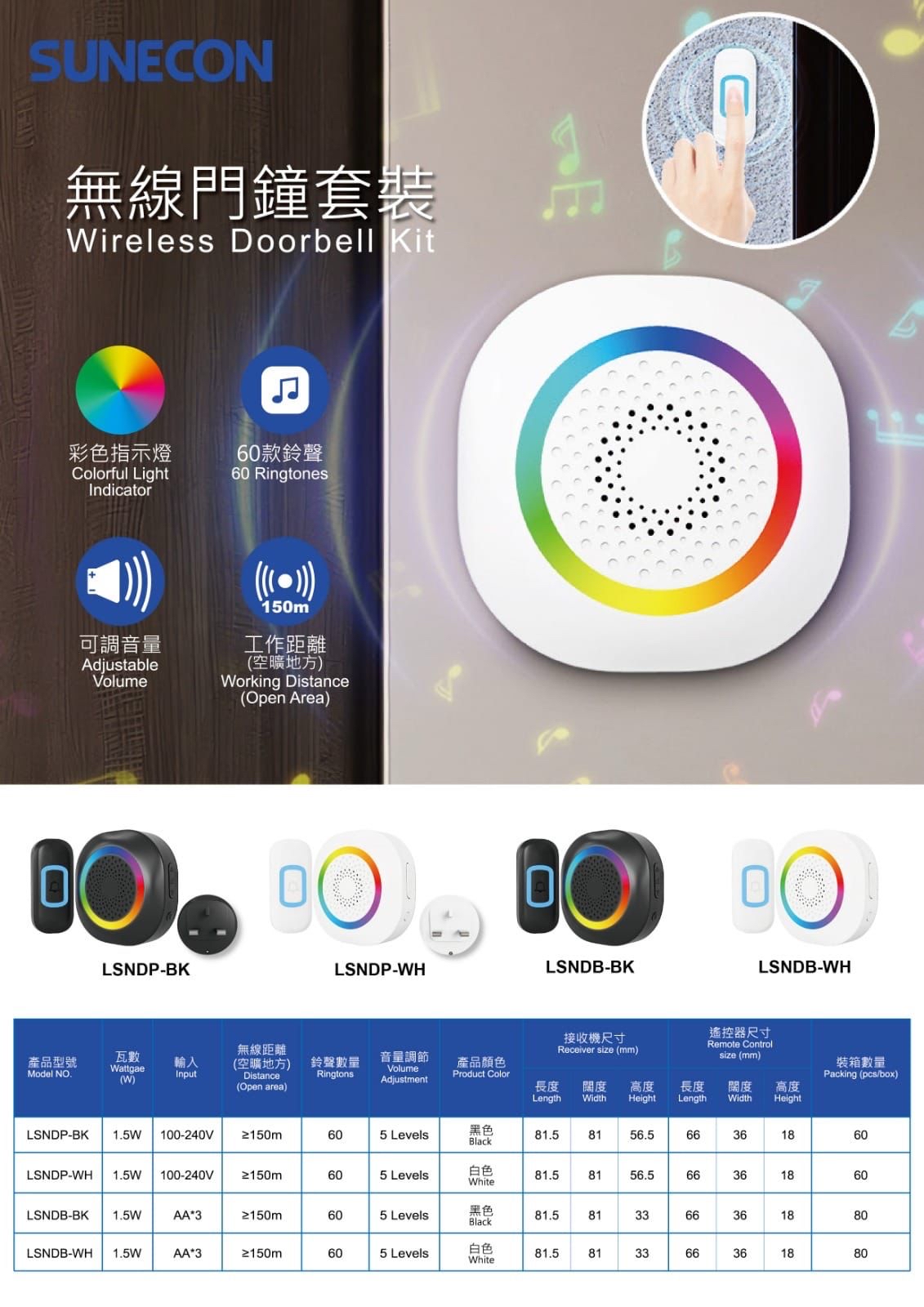 Sunecon LED彩光無線門鐘套裝 (插13A蘇款) LSNDP
