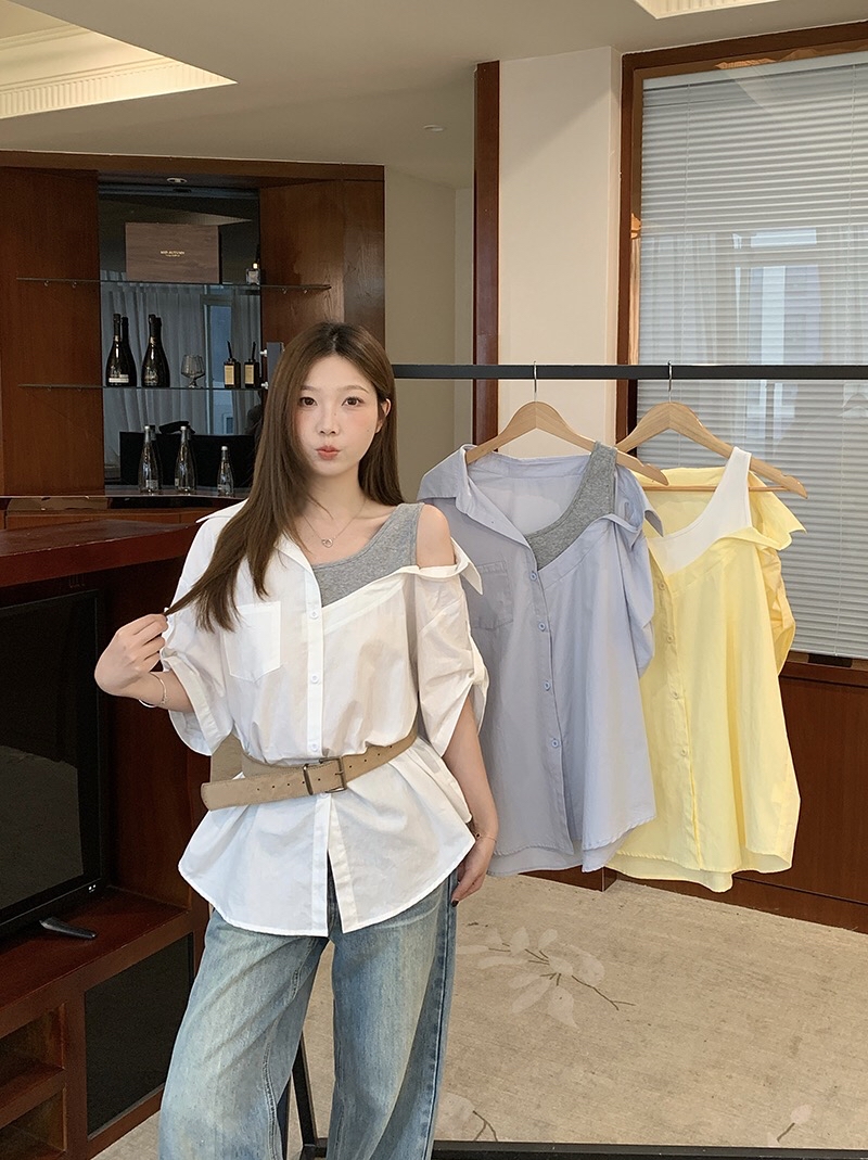 B231(23800) 韩系假两件衬衫拼背心单边露肩设计感3色上衣