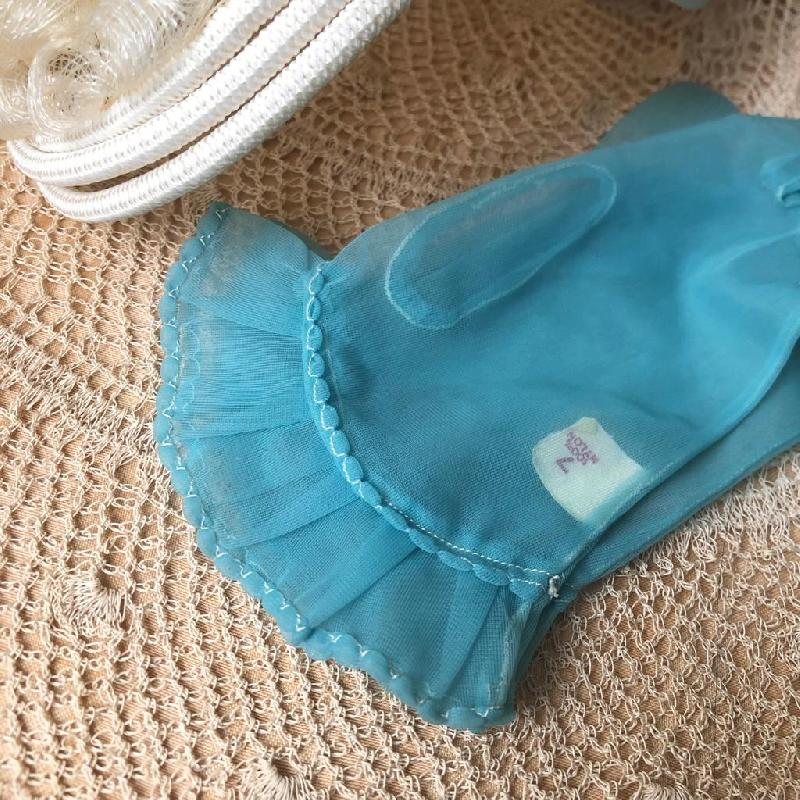 Vintage c.a. 1950s Aqua Turquoise Sheer Gloves Size 7 with White Overstitch-New Old Stock(MT165-1)