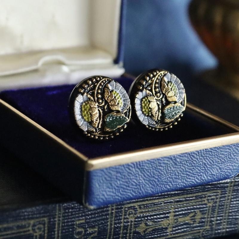 Antique Early 20th Century Czechoslovakian Embossed Floral Pattern Glass Button Remade into Clip Earrings(MY1620)