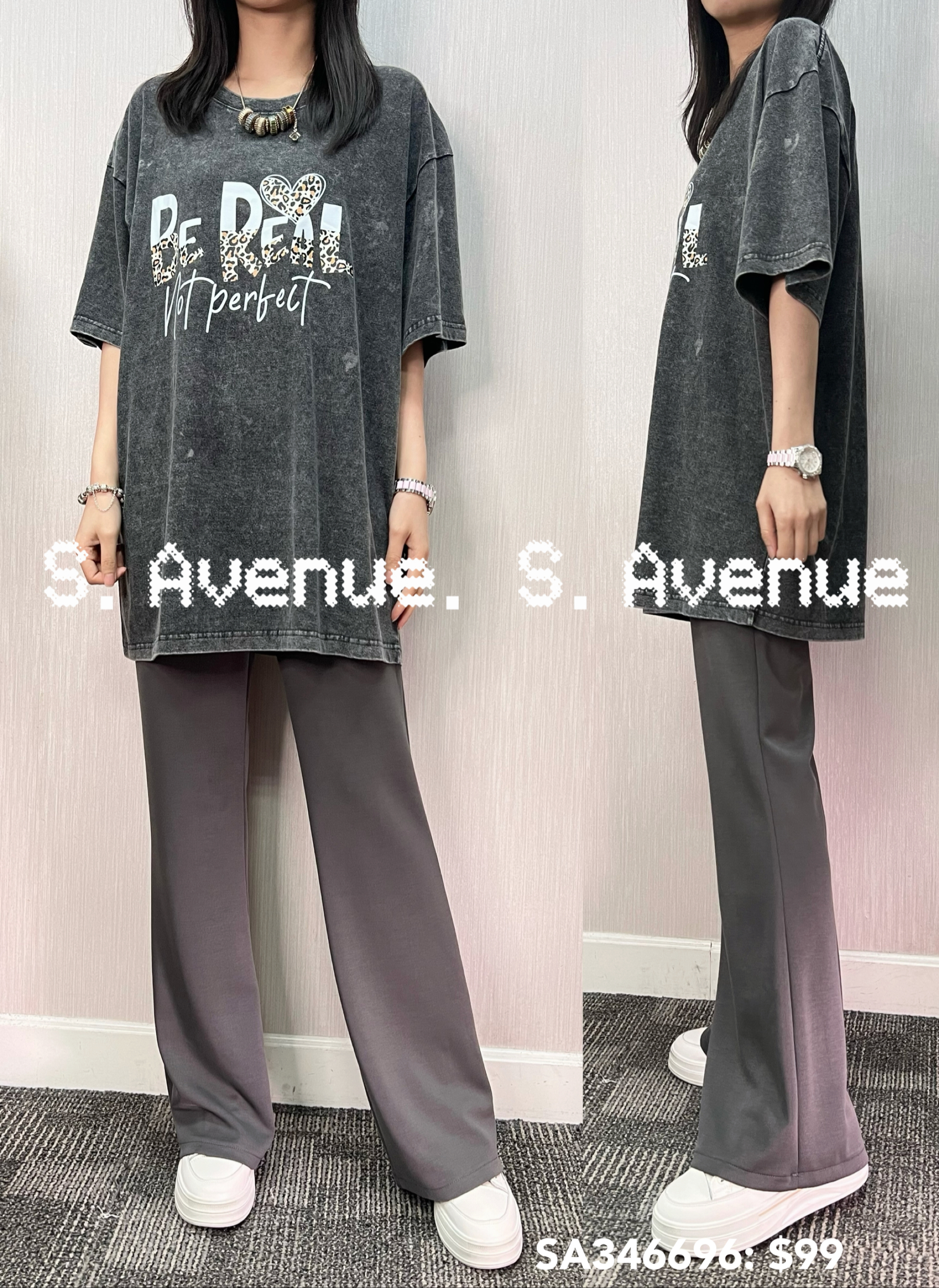 SA346696: 短袖英文字洗水鬆身長tee