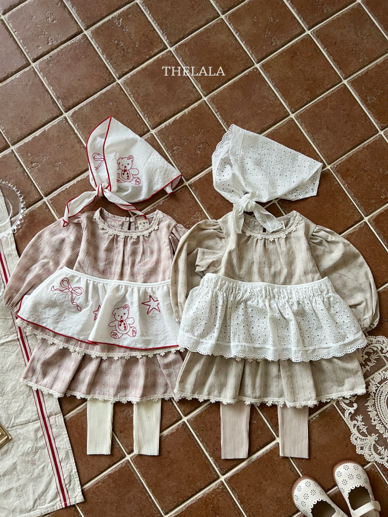 🌸預訂 韓國直送🌸🇰🇷THELALA兩色蕾絲花邊層疊荷葉邊格紋長袖連身裙