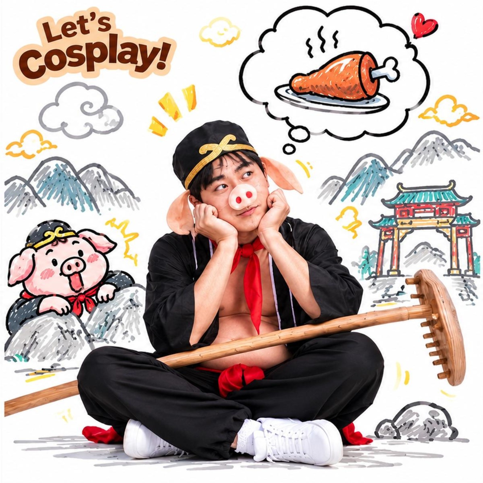 西遊記豬八戒搞笑角色扮演服裝套裝連假肚皮豬鼻｜香港現貨 Lets Cosplay