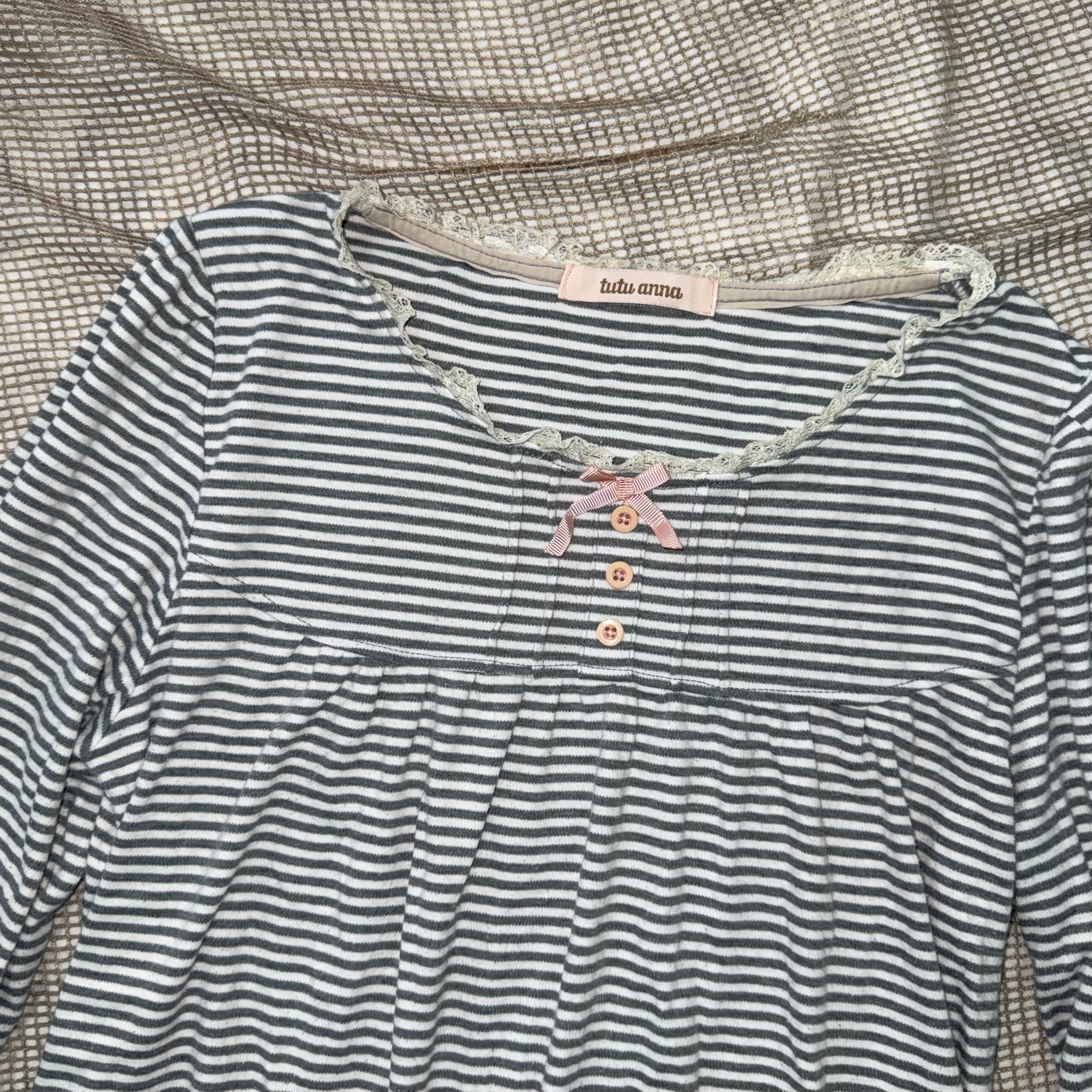 Striped Long Sleeve Top with Lace Trim and Ribbon