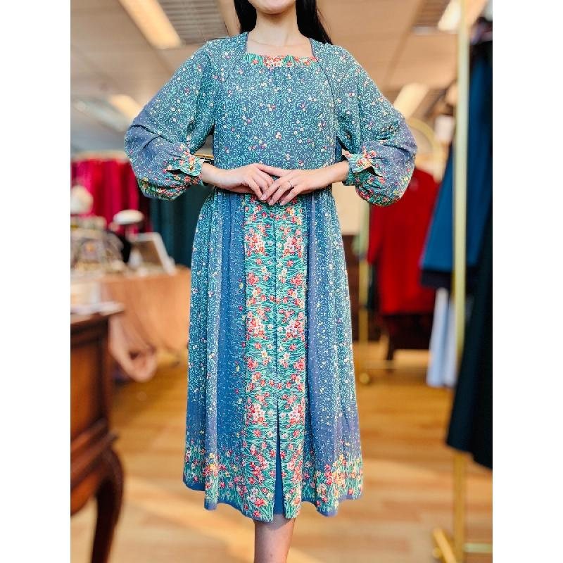 Vintage Square Neckline Spring Floral Front Pleat Chiffon Dress (MT2260-24)