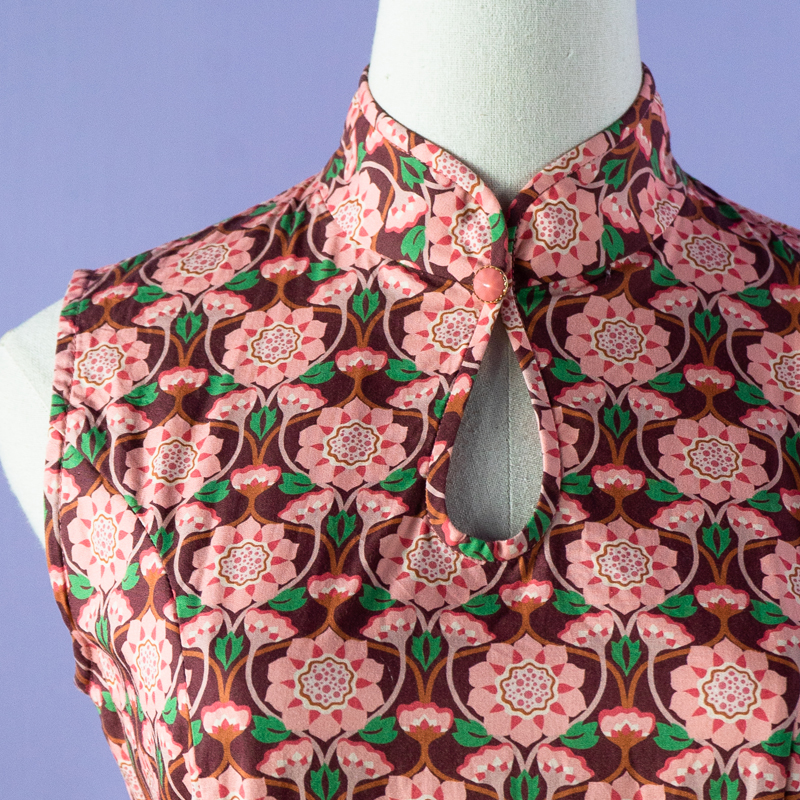 (Custom-Made)100% Organic Cotton 60s Style Floral Pattern Mandarin Collar Shift Dress(FM166)