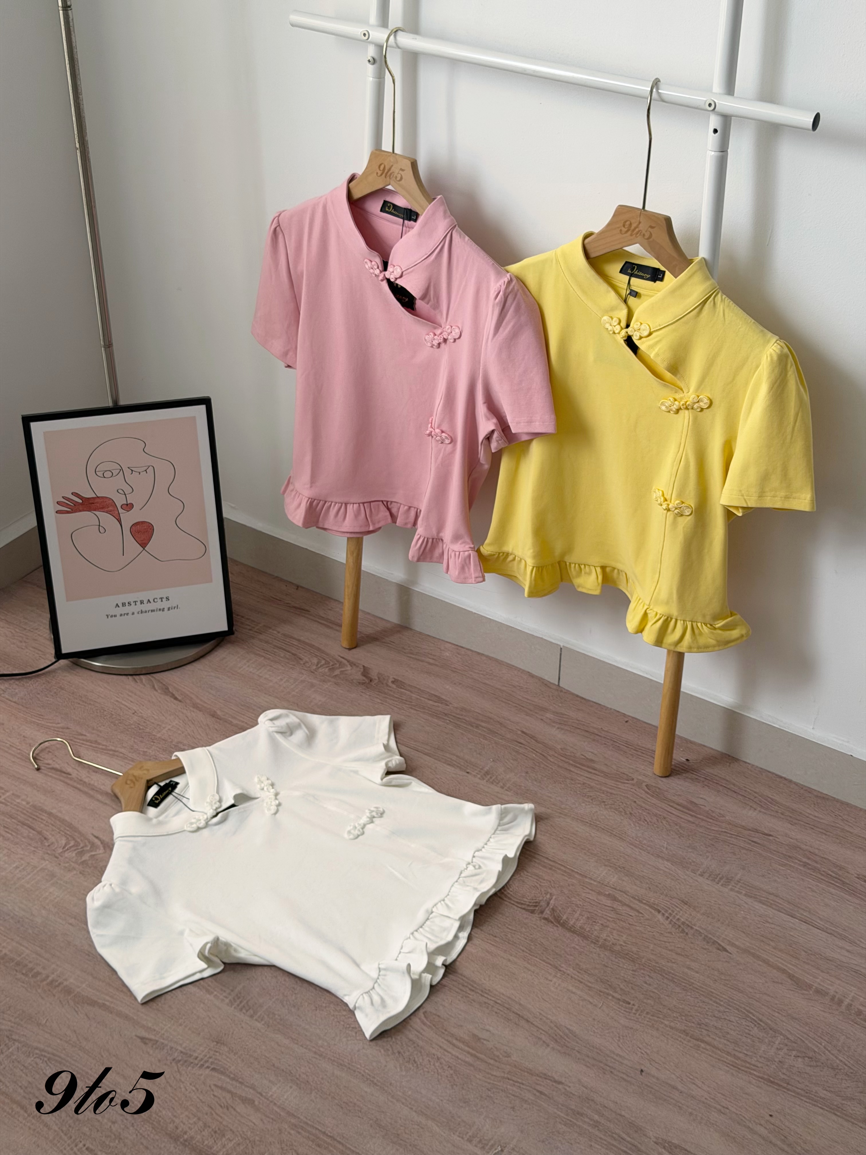 T4515 Puff Sleeve Peplum Cheongsam Top - 3 Colors 