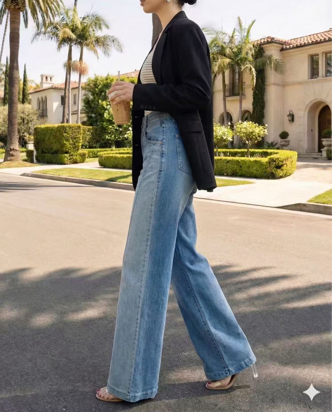 深淺拼色闊筒牛仔褲