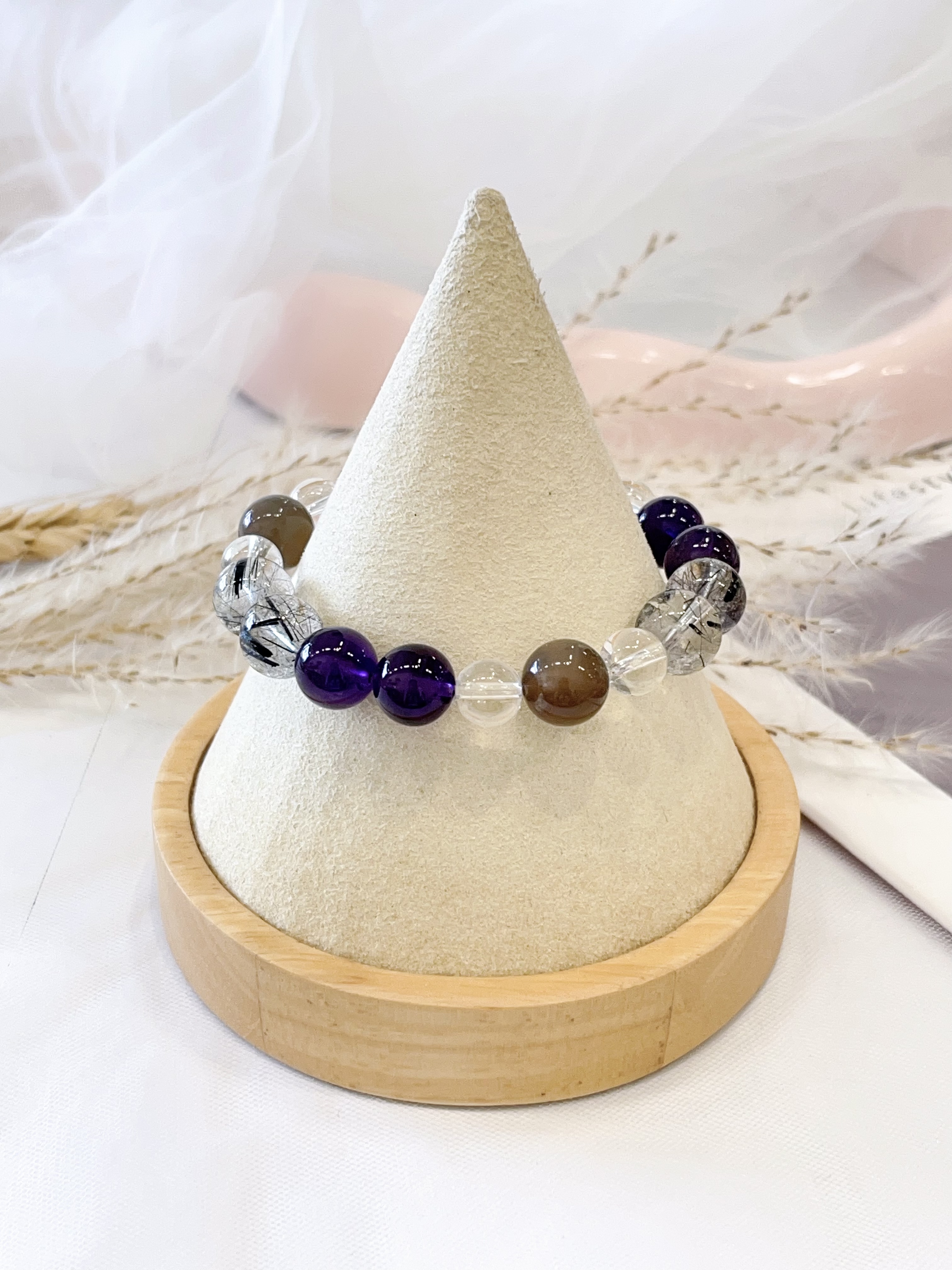 🐇 灰兔毛 × 黑发晶 × 紫水晶 × 白水晶手串 Grey Rabbit Fur Quartz, Black Rutilated Quartz, Amethyst & Clear Quartz