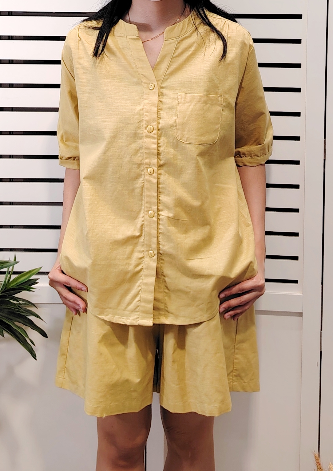 H9151 Cotton Linen Set Short Sleeve Shirt With Short Pant