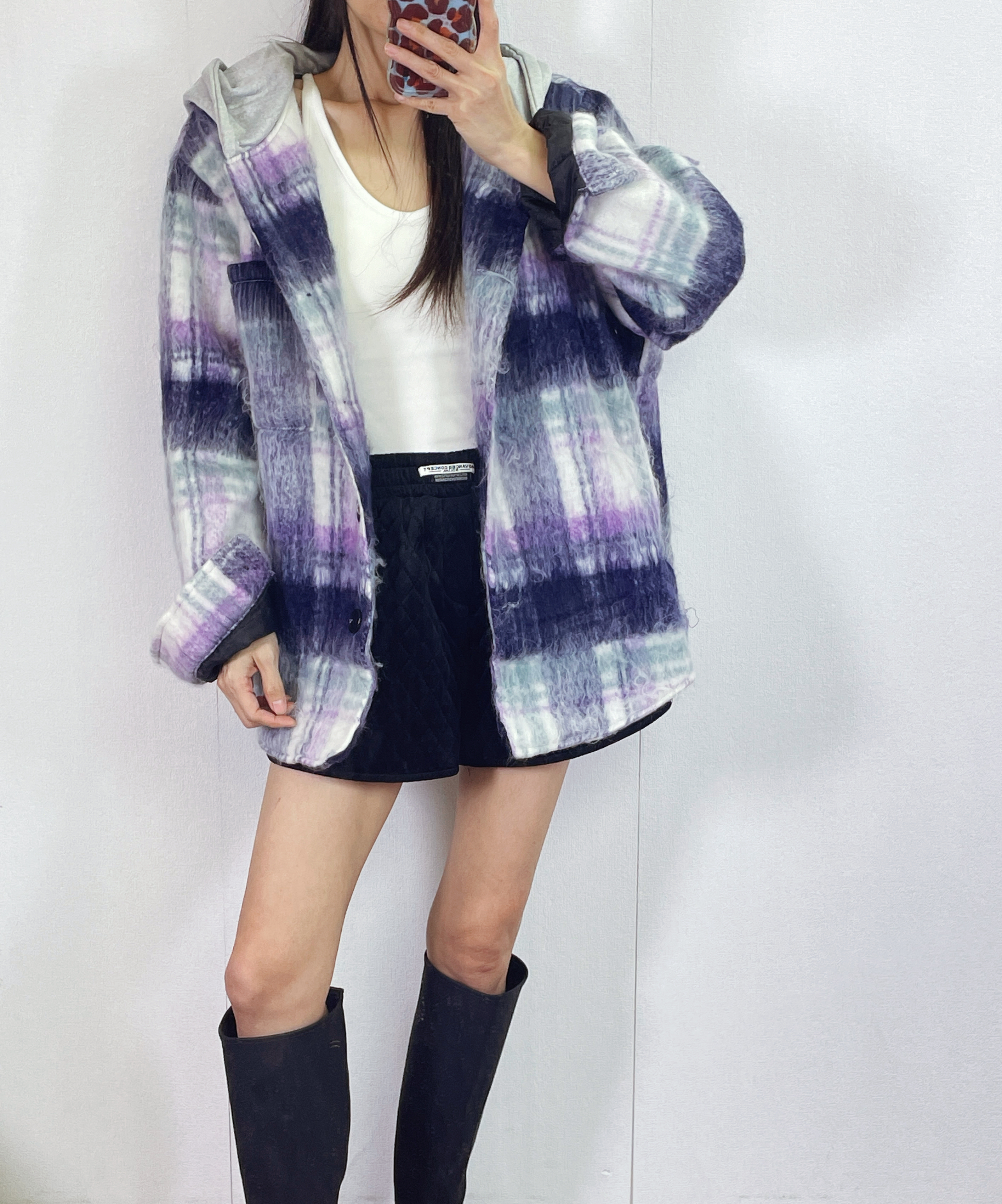 K5529 毛絨格仔有帽外套